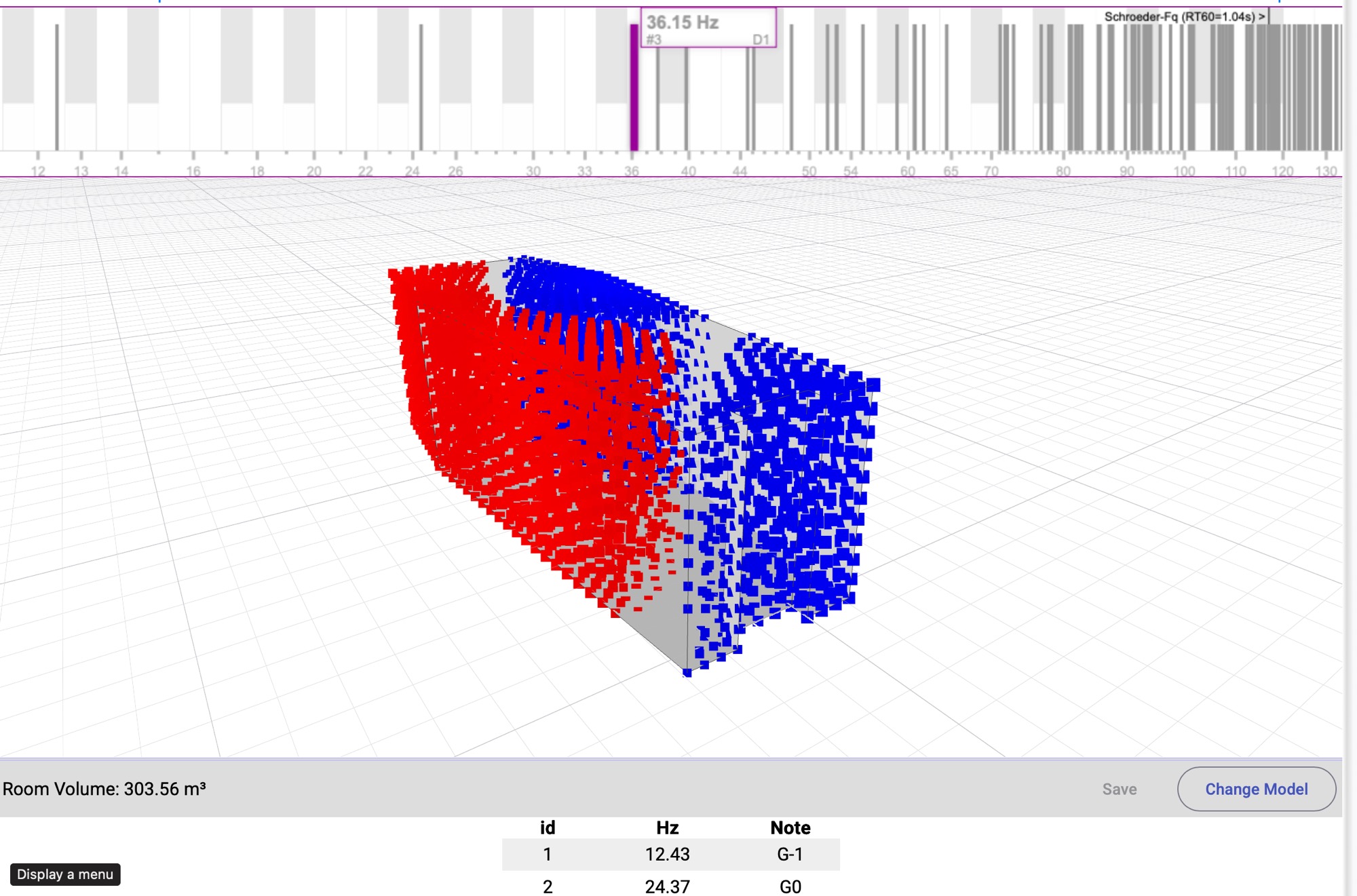 AmRoc Pro FEM room-mode analysis — the 36.2 Hz standing wave along the room's long axis (red/blue = opposite-phase pressure antinodes)