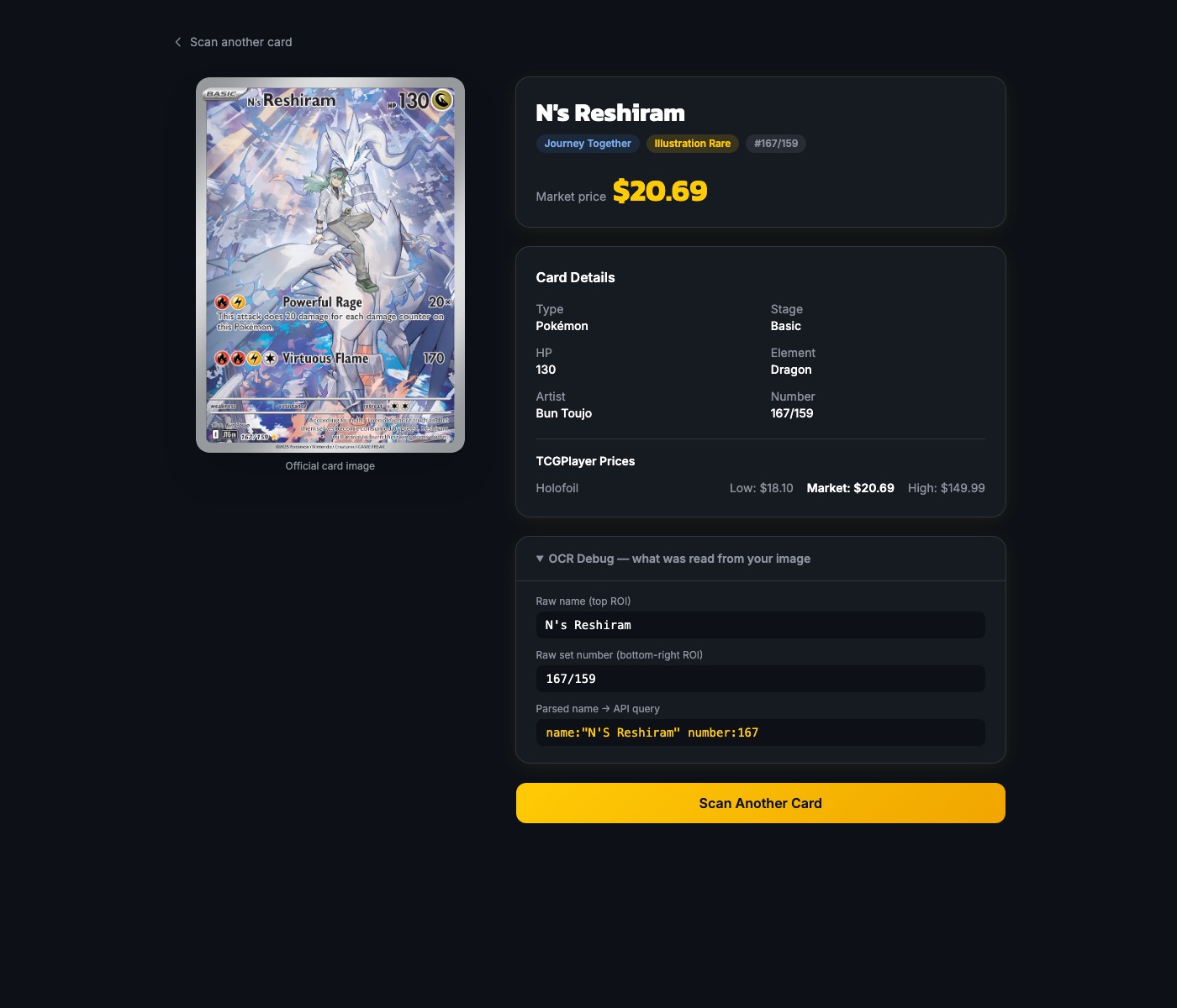 Real scan result — N's Reshiram, identified and priced automatically