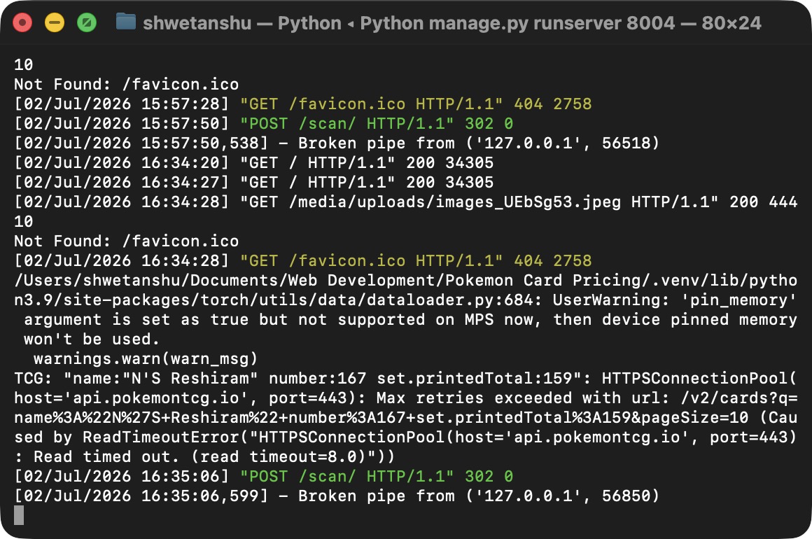 The full pipeline running — PyTorch/EfficientNet on MPS, then a live Pokémon TCG API price lookup